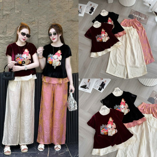 Sét áo nhung the cộc tay lót lụa thêu thỏ cạnh giỏ hoa + quần lụa dáng xuông (2 màu đỏ /đen)