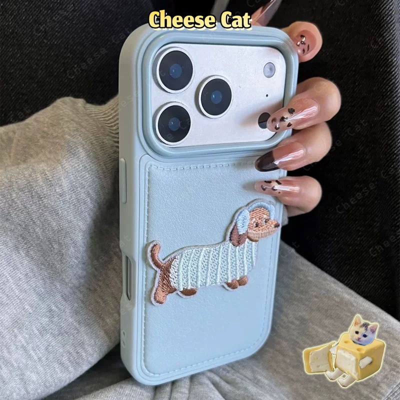 Ốp lưng iPhone màu xanh nhạt thêu hình chú chó cho iPhone 17 16 15 14 13 12 11 Pro Max 7 Plus Xs Max XR bao da