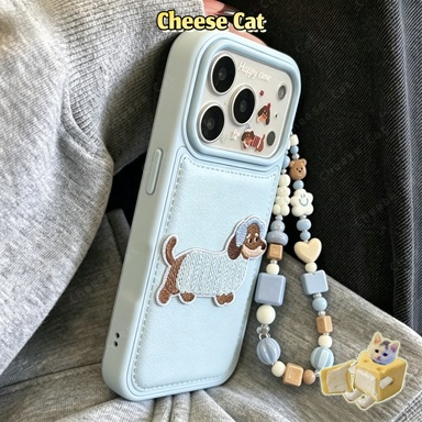 Ốp lưng iPhone màu xanh nhạt thêu hình chú chó cho iPhone 17 16 15 14 13 12 11 Pro Max 7 Plus Xs Max XR bao da