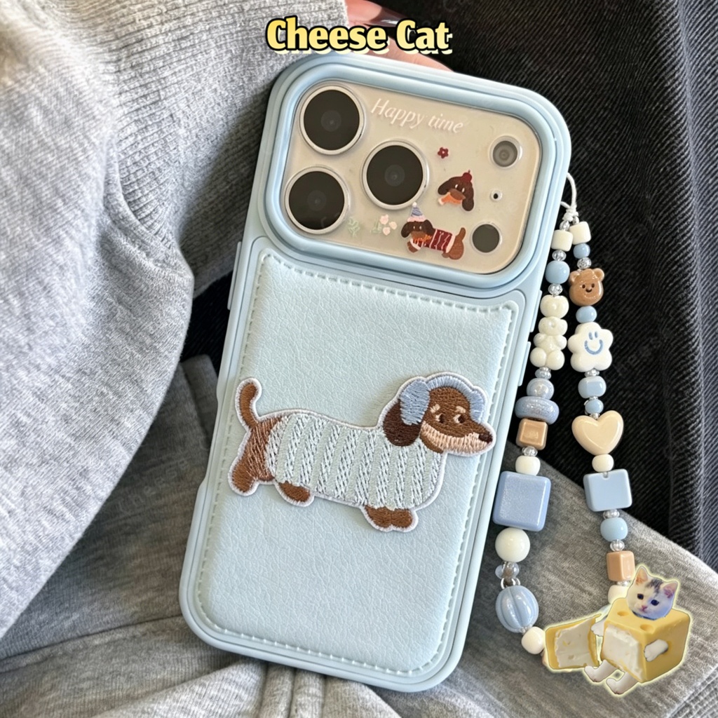 Ốp lưng iPhone màu xanh nhạt thêu hình chú chó cho iPhone 17 16 15 14 13 12 11 Pro Max 7 Plus Xs Max XR bao da