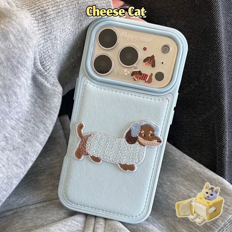 Ốp lưng iPhone màu xanh nhạt thêu hình chú chó cho iPhone 17 16 15 14 13 12 11 Pro Max 7 Plus Xs Max XR bao da