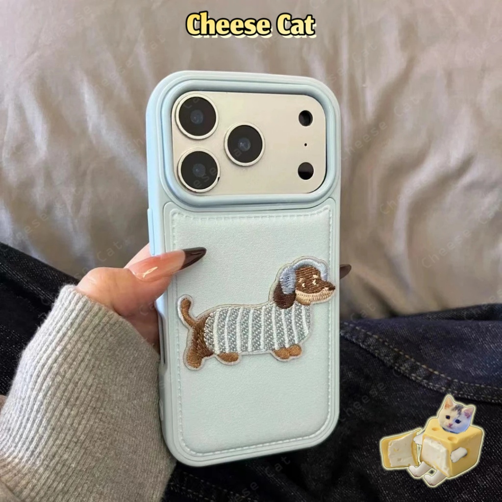 Ốp lưng iPhone màu xanh nhạt thêu hình chú chó cho iPhone 17 16 15 14 13 12 11 Pro Max 7 Plus Xs Max XR bao da