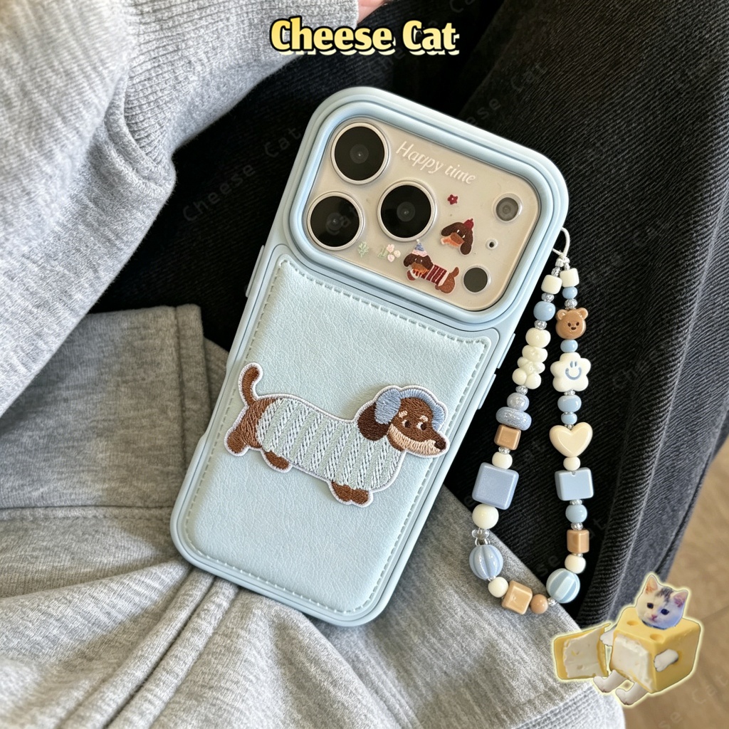 Ốp lưng iPhone màu xanh nhạt thêu hình chú chó cho iPhone 17 16 15 14 13 12 11 Pro Max 7 Plus Xs Max XR bao da