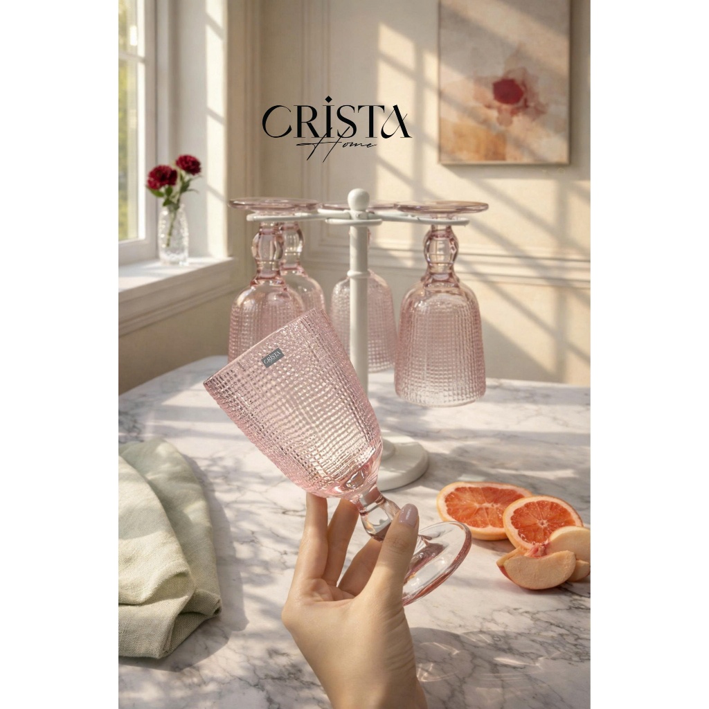 BỘ SƯU TẬP LY, CỐC, BÌNH THUỶ TINH HỒNG PASTEL CRISTA HOME CAO CẤP