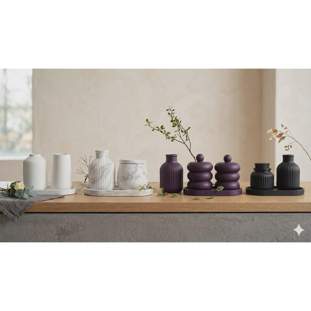 Set 3 món trang trí thạch cao vừa(Lọ hoa-hũ nhỏ -Khay) trang trí bàn làm việc,kệ tủ, phòng,... Đọc kích thước phần mô tả
