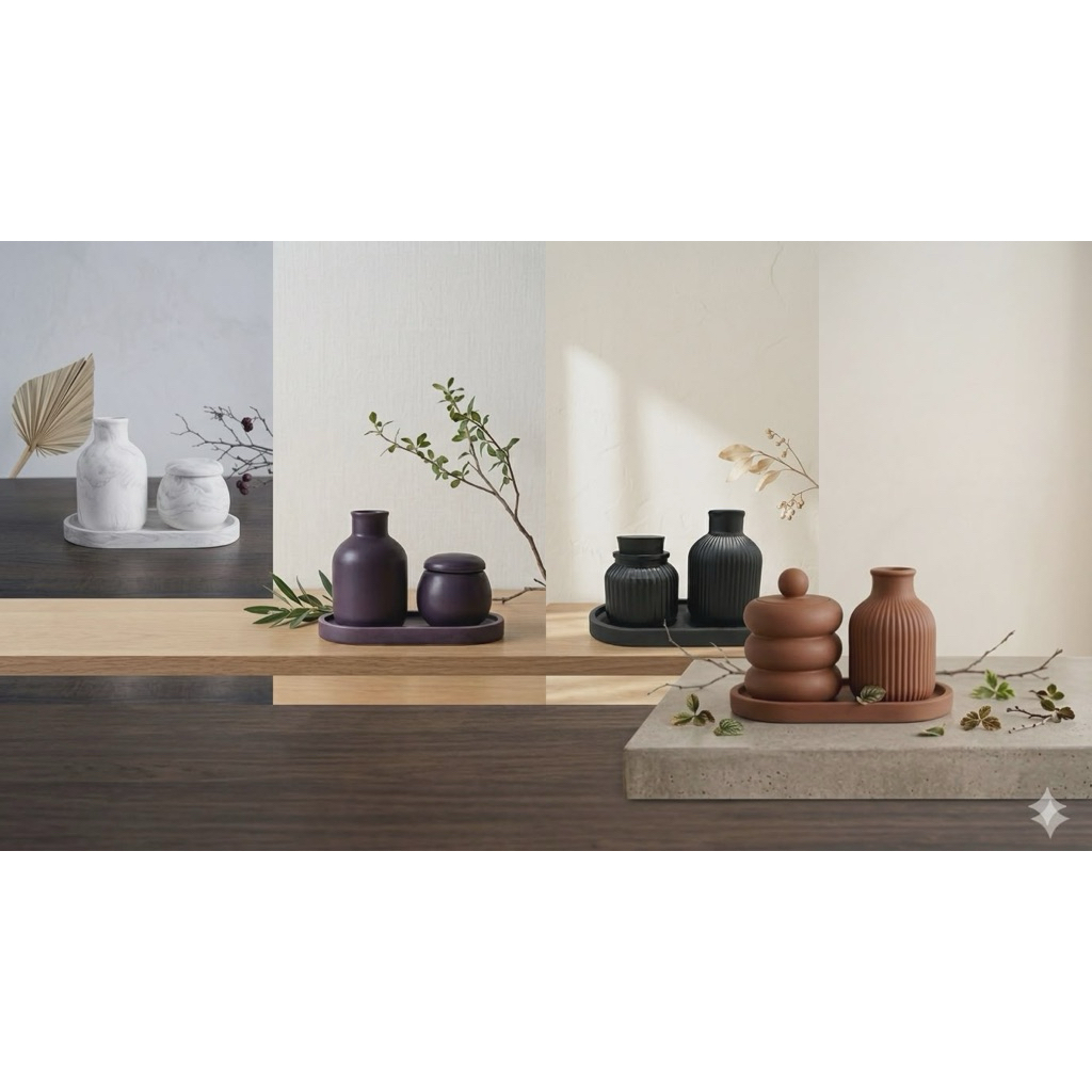Set 3 món trang trí thạch cao vừa(Lọ hoa-hũ nhỏ -Khay) trang trí bàn làm việc,kệ tủ, phòng,... Đọc kích thước phần mô tả