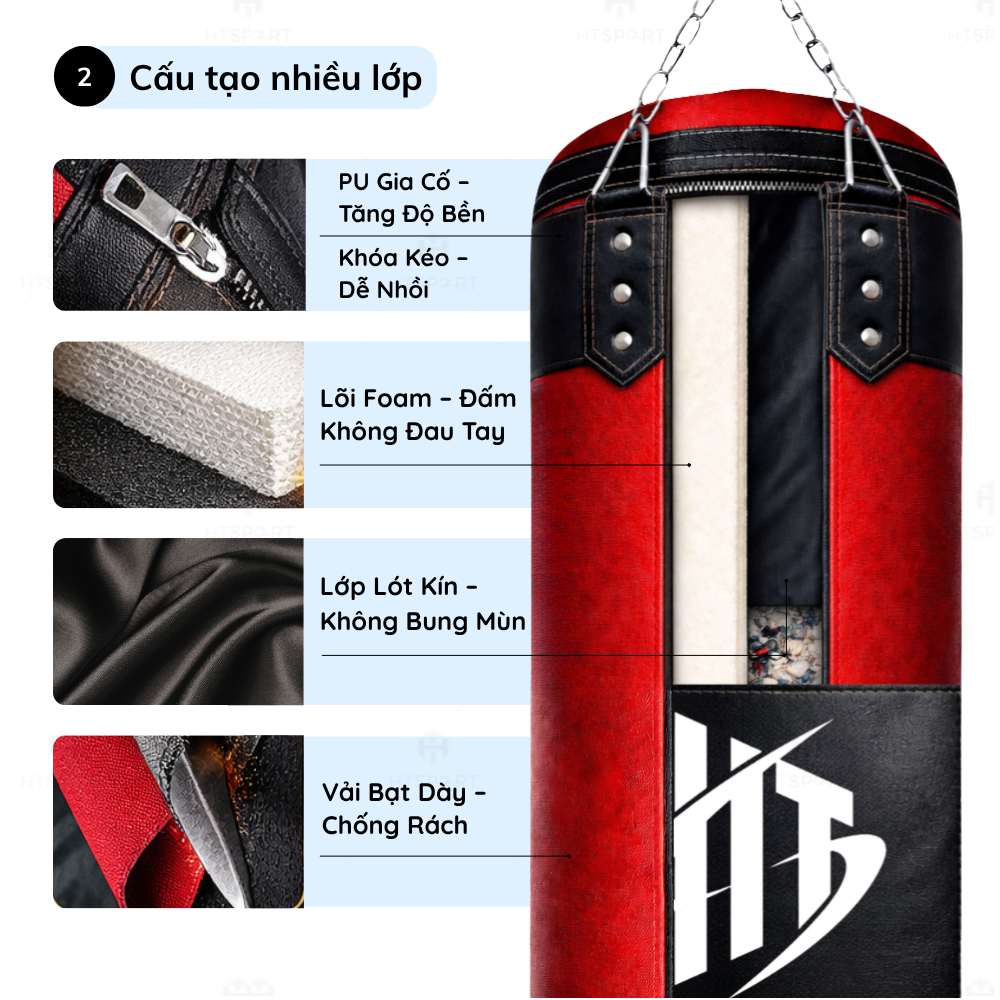 Vỏ Bao Cát Đấm Bốc Tập Võ BOXING 4 Lớp 60CM - 120CM Siêu Bền, Vỏ Bao BOXING