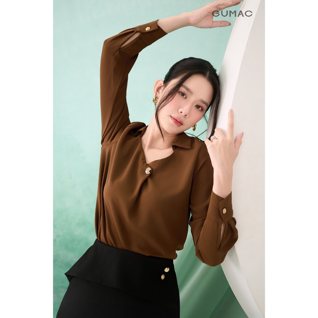 Áo Sơ Mi Nữ Kiểu Dáng Suông Tay Dài Cổ Vuông Cách Điệu Có Lá Cổ Sơ Mi Thời Trang GUMAC AF07028
