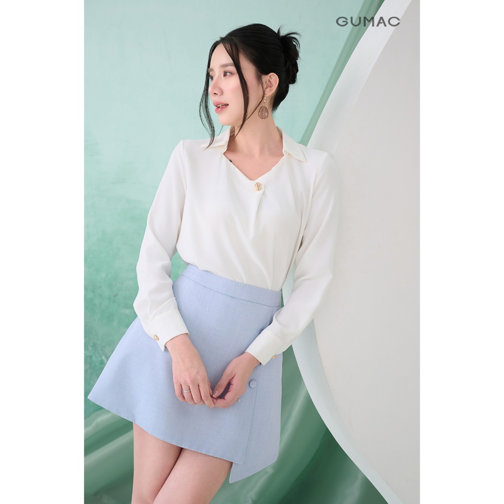 Áo Sơ Mi Nữ Kiểu Dáng Suông Tay Dài Cổ Vuông Cách Điệu Có Lá Cổ Sơ Mi Thời Trang GUMAC AF07028