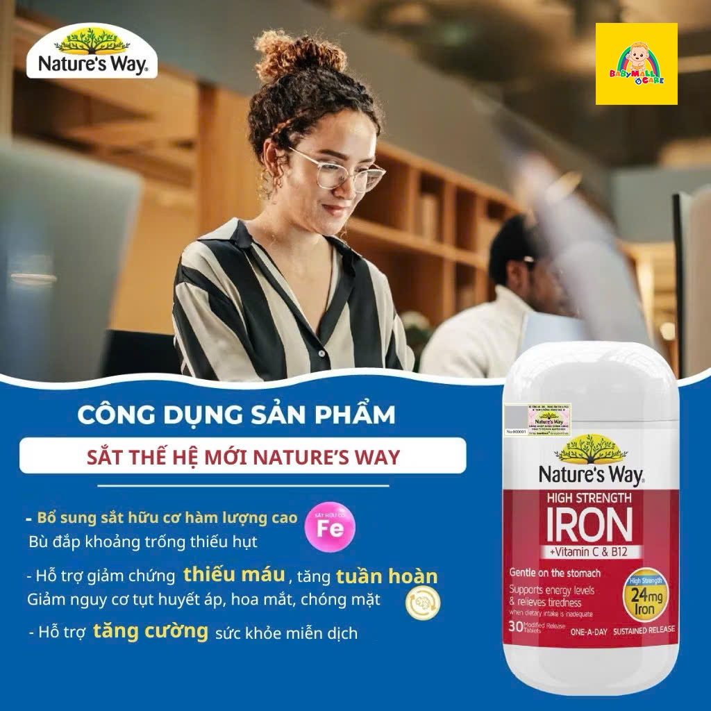 Viên Uống  Nature’s Way High Strength Iron + Vitamin C&B12 Bổ Sung Sắt Cho Cơ Thể | Babymall & Care