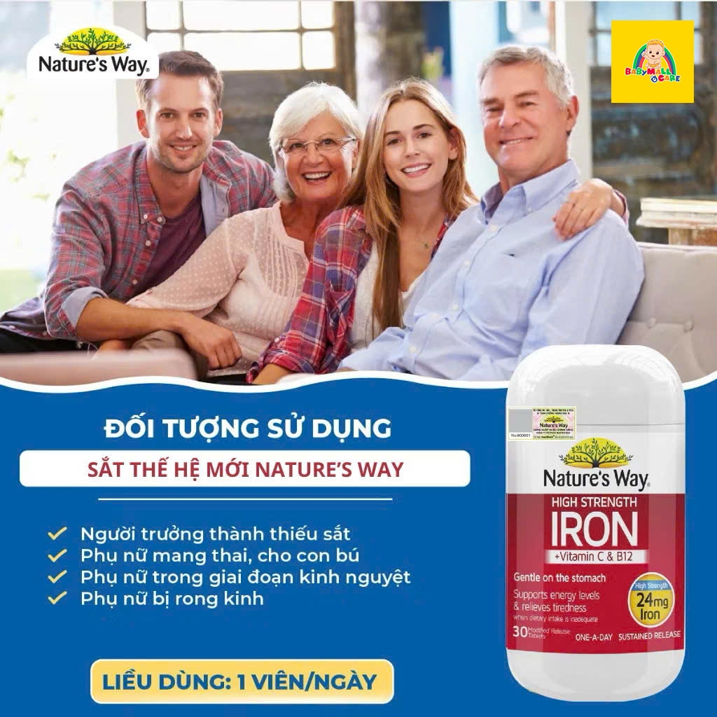 Viên Uống  Nature’s Way High Strength Iron + Vitamin C&B12 Bổ Sung Sắt Cho Cơ Thể | Babymall & Care
