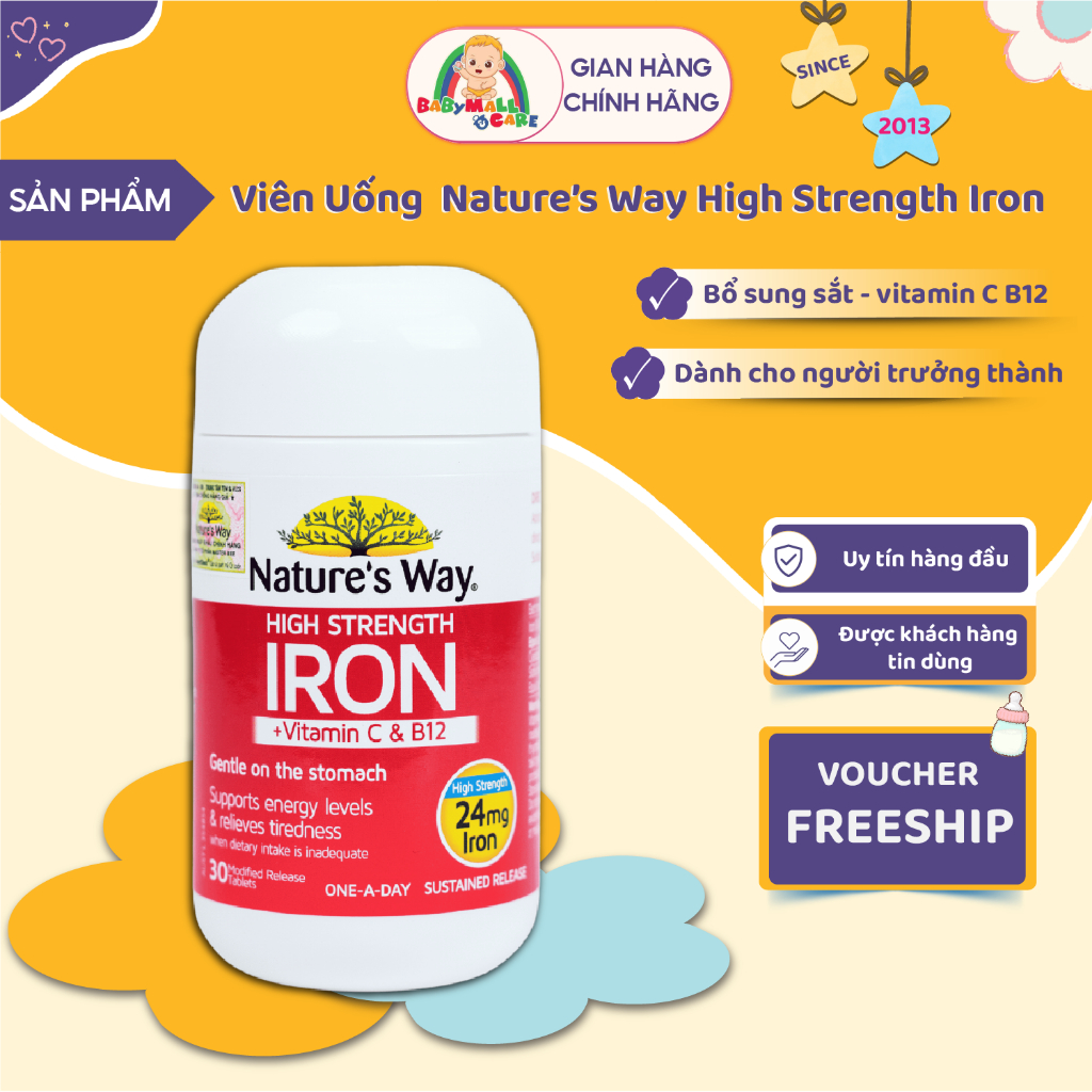 Viên Uống  Nature’s Way High Strength Iron + Vitamin C&B12 Bổ Sung Sắt Cho Cơ Thể | Babymall & Care