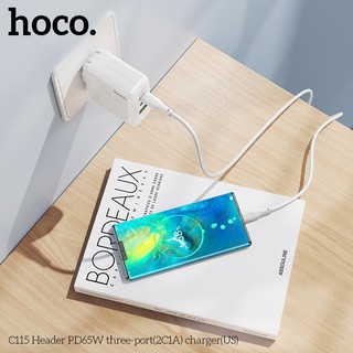 Cốc sạc nhanh 3 cổng Hoco C115 hỗ trợ USB QC3.0 và 2 cổng TypeC PD max 65W, sạc được cả laptop (Trắng)