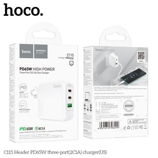 Cốc sạc nhanh 3 cổng Hoco C115 hỗ trợ USB QC3.0 và 2 cổng TypeC PD max 65W, sạc được cả laptop (Trắng)
