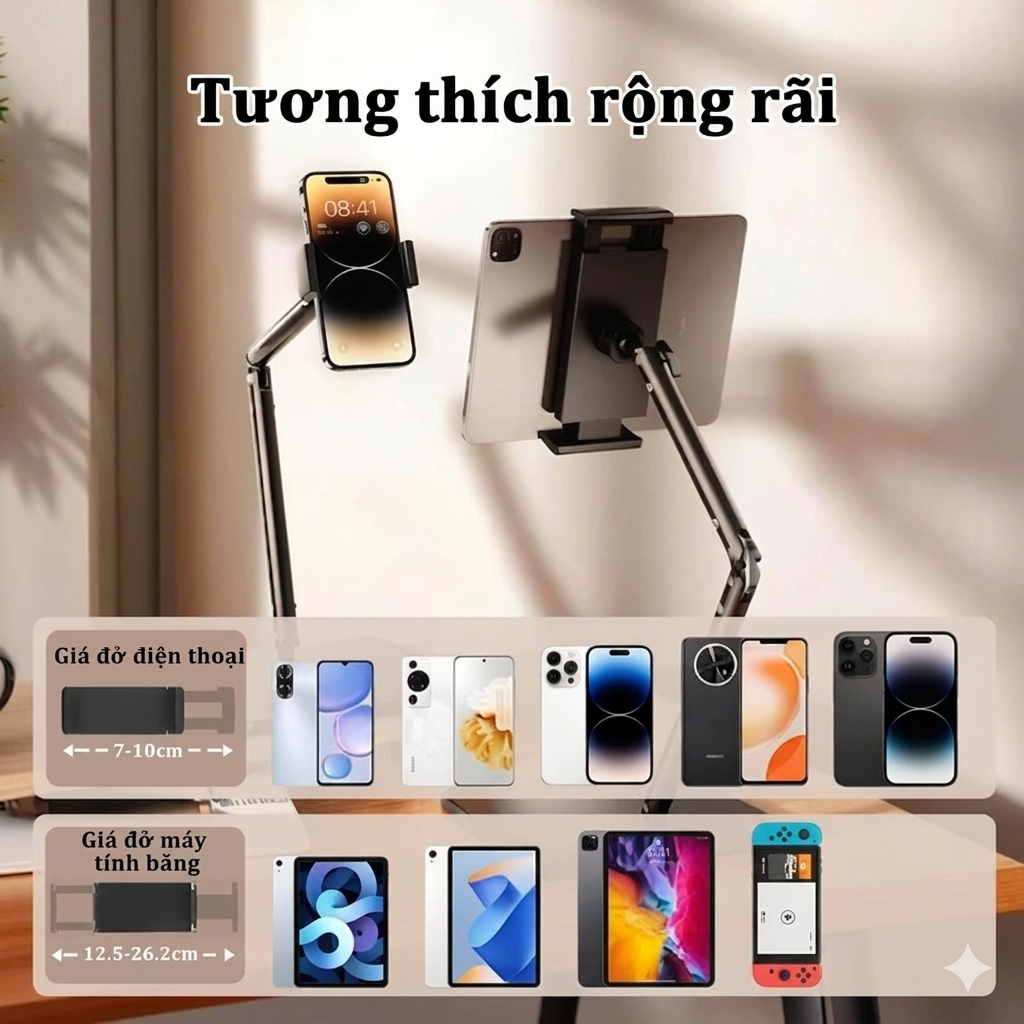 Giá đỡ điện thoại, ipad, máy tính bảng hợp kim nhôm cao cấp, Đế đúc chắc chắn 4 trục xoay 360° chống rung, gấp gọn