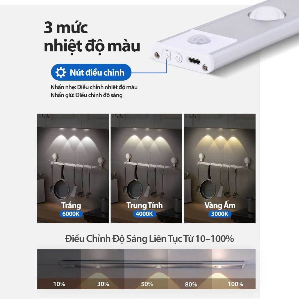 Đèn Led Cảm Ứng 20/30/40/60cm Để Tủ Quần Áo Tủ Bếp Có Thể Điều Chỉnh Độ Sáng Sạc USB Đèn Cảm Biến Chuyển Động | BigBuy360 - bigbuy360.vn