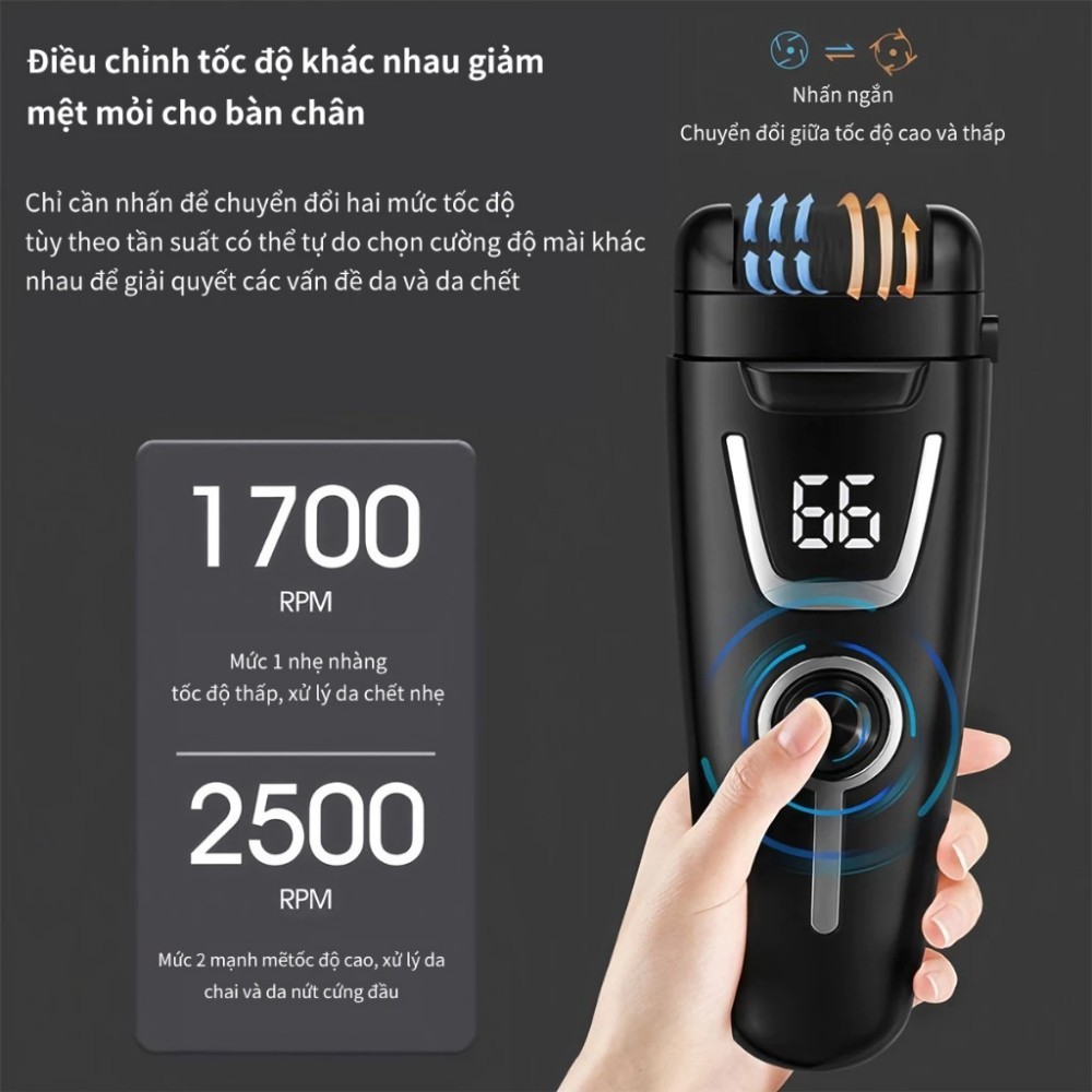 Bruboses Máy Mài Gót Chân Điện 3 Đầu Mài, Tẩy Da Chết Chai Sần, 2 Tốc Độ, Pin 2000mAh, Chống Nước IPX7