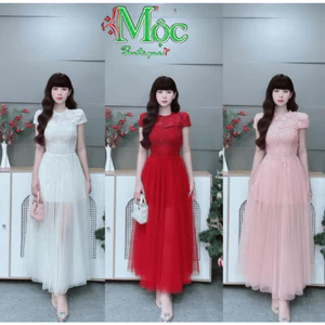 DX_Đầm váy dài, đầm dài Ren hoa nổi phối lưới cao cấp cổ kín thanh lịch - sang trọng đi tiệc