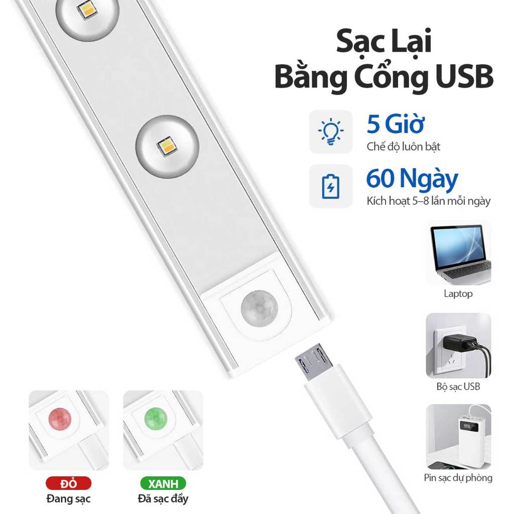 Đèn Led Cảm Ứng 20/30/40/60cm Để Tủ Quần Áo Tủ Bếp Có Thể Điều Chỉnh Độ Sáng Sạc USB Đèn Cảm Biến Chuyển Động | BigBuy360 - bigbuy360.vn