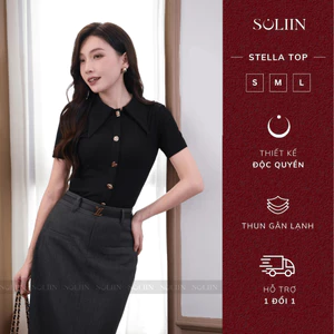 Áo Thun Tay Ngắn Cổ Măng Bản To SOLLIN Thiết Kế Thoáng Mát Phong Cách Thời Trang Công Sở STELLA TOP