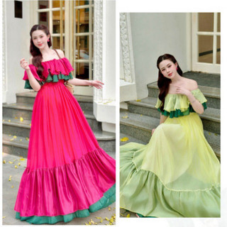 🔥Đầm maxi trễ vai tơ phối màu cao cấp, váy maxi du lịch biển Hè cực xinh, maxi Hè, váy dáng dài