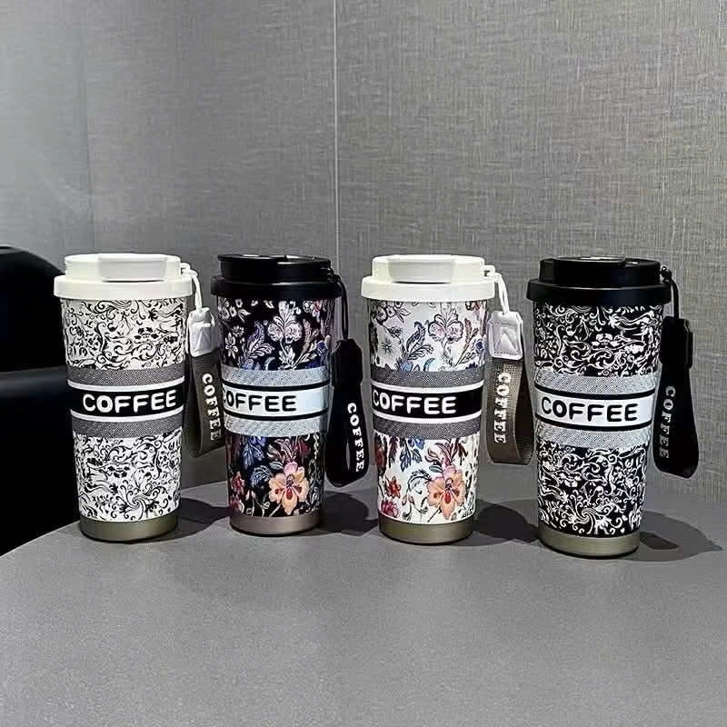 Ly Giữ Nhiệt Hoa Văn Coffee Cup 500ml inox 316 cao cấp, Cốc giữ nhiệt có ống hút quai xách tiện lợi