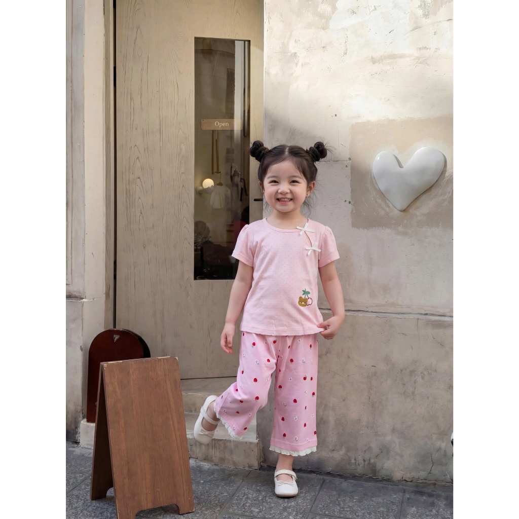 Set bộ cộc tay bé gái Miniumbaby mix nơ cổ hình gấu táo, quần dáng suông, chất cotton mềm mát SB2554