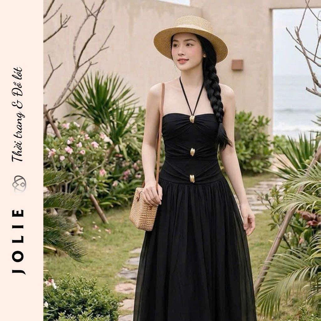 Váy Maxi Cúp Ngực Dáng Dài Cao Cấp JOLIE Thiết Kế Cổ Yếm Thắt Nút Sang Trọng