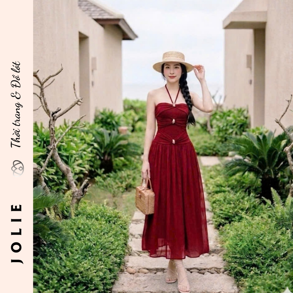 Váy Maxi Cúp Ngực Dáng Dài Cao Cấp JOLIE Thiết Kế Cổ Yếm Thắt Nút Sang Trọng