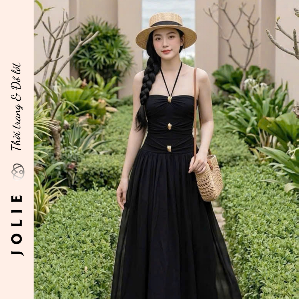 Váy Maxi Cúp Ngực Dáng Dài Cao Cấp JOLIE Thiết Kế Cổ Yếm Thắt Nút Sang Trọng