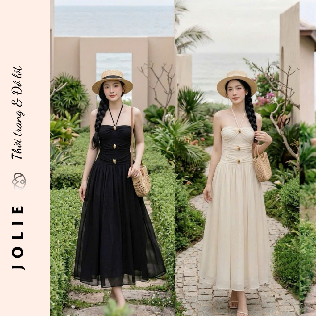 Váy Maxi Cúp Ngực Dáng Dài Cao Cấp JOLIE Thiết Kế Cổ Yếm Thắt Nút Sang Trọng