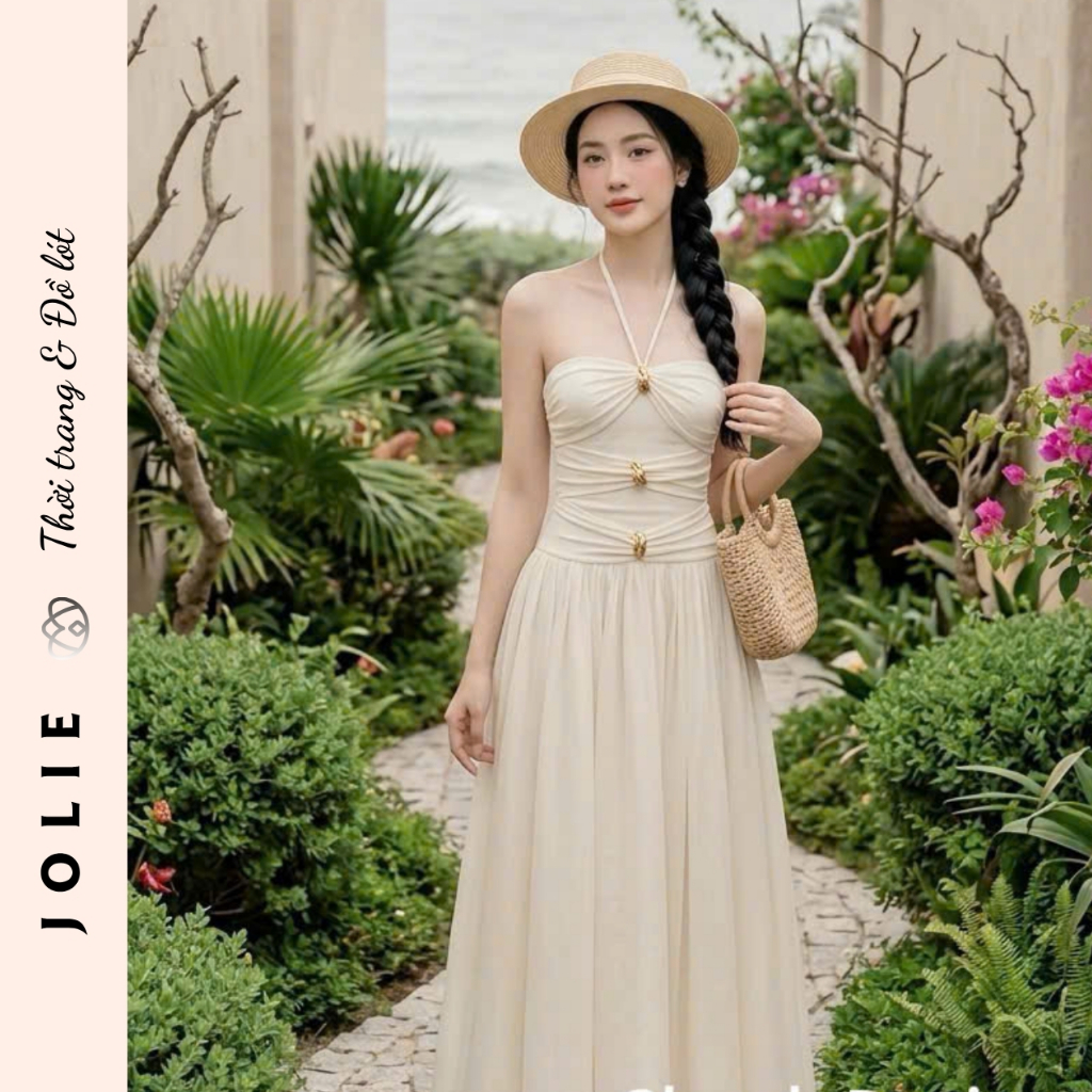 Váy Maxi Cúp Ngực Dáng Dài Cao Cấp JOLIE Thiết Kế Cổ Yếm Thắt Nút Sang Trọng