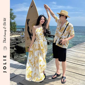Set Đồ Đôi Đi Biển JOLIE Họa Tiết Lá Dừa Gồm Váy Maxi Cổ Yếm Và Áo Sơ Mi Nam Kiểu Dáng Trẻ Trung