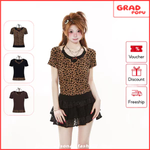 Áo thun nữ GRADPOPU tay ngắn thiết kế cổ yếm giả hai lớp họa tiết da báo form ôm tôn dáng AN359