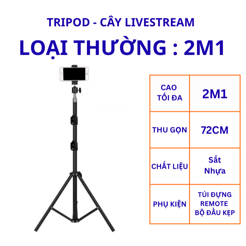 Gậy chụp ảnh 3 chân đa năng – Tripod livestream cao 1m6–2m1, gấp gọn, kèm remote Bluetooth điều khiển từ xa