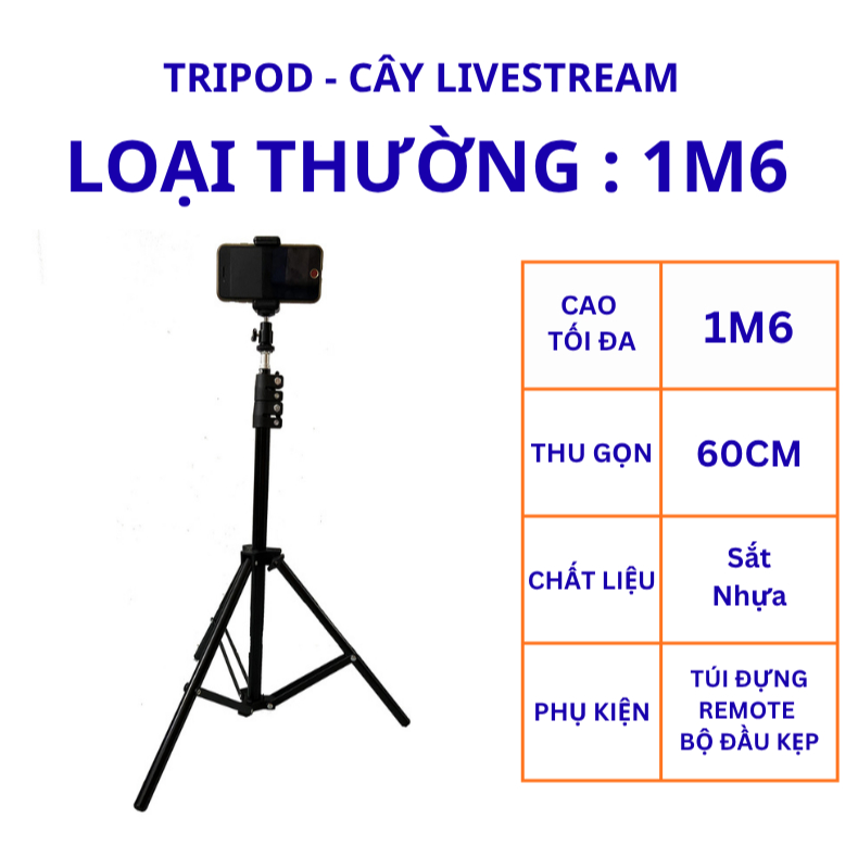 Gậy chụp ảnh 3 chân đa năng – Tripod livestream cao 1m6–2m1, gấp gọn, kèm remote Bluetooth điều khiển từ xa