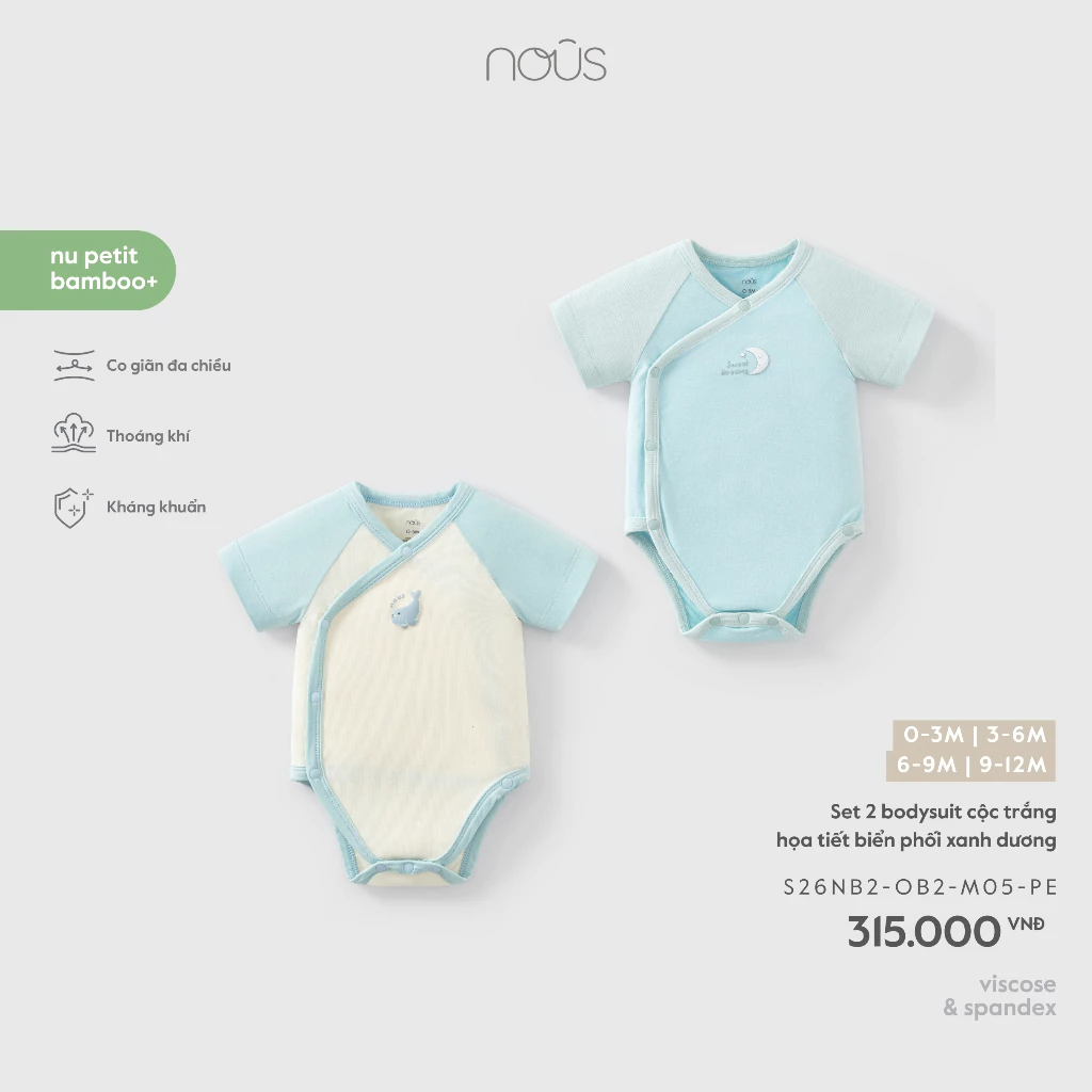 Set 2 bodysuit cộc trắng họa tiết biển phối xanh dương