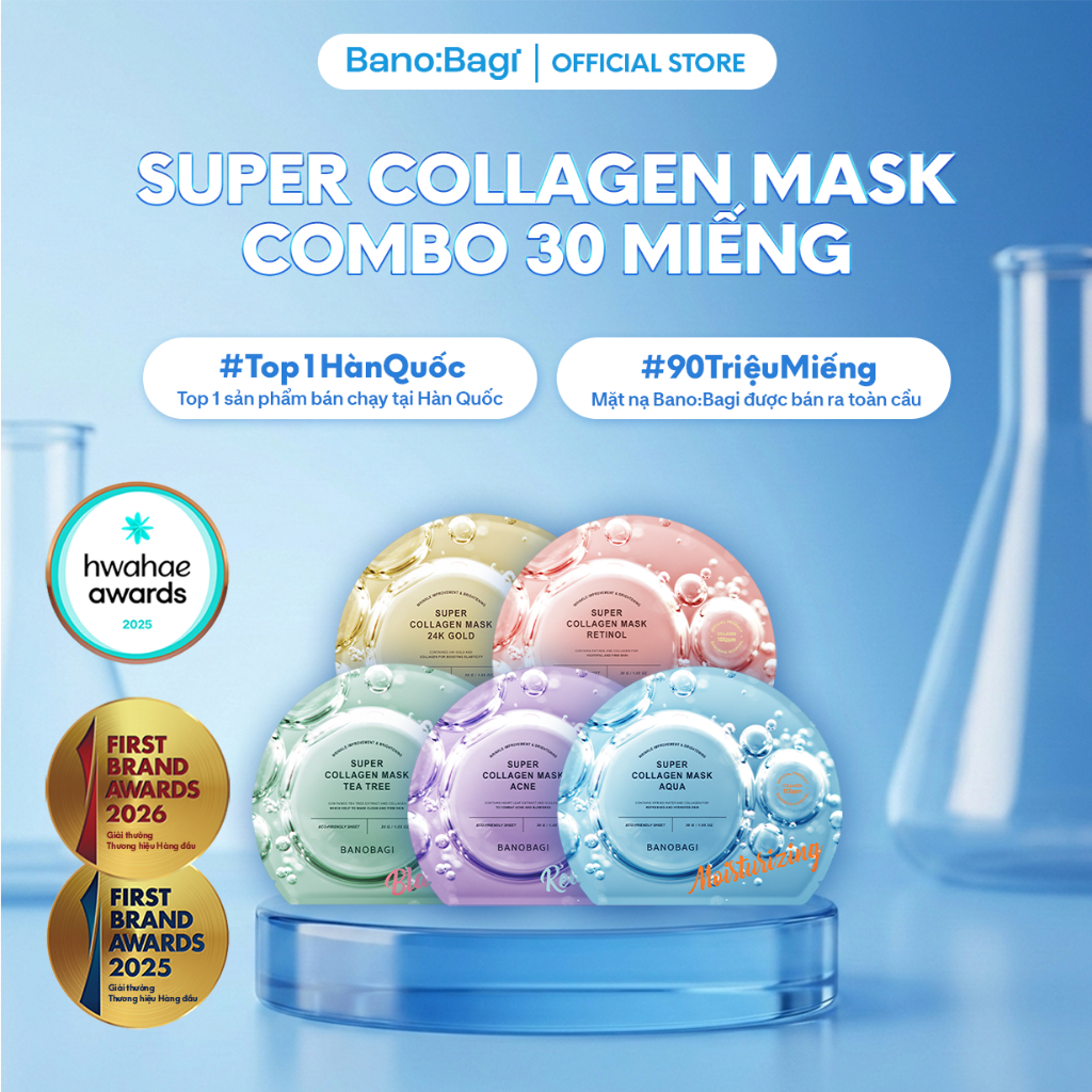 COMBO 30 Miếng Mặt Nạ Bano:Bagi Super Collagen Dưỡng Da Chuyên Sâu Dành Cho Mọi Loại Da 30ml