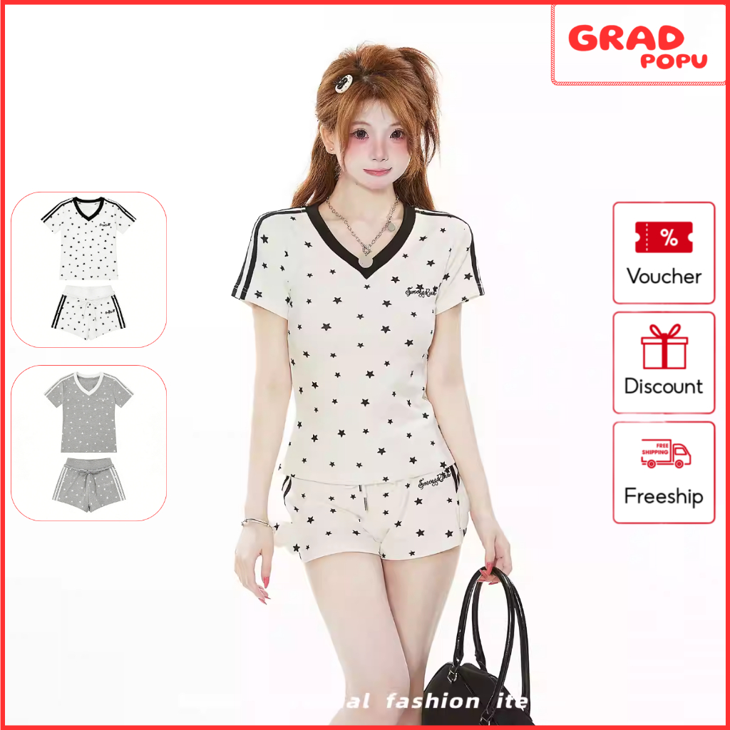 Sét đồ nữ GRADPOPU cổ chữ V form ôm in họa tiết ngôi sao nhỏ phối cùng quần short cá tính AN355