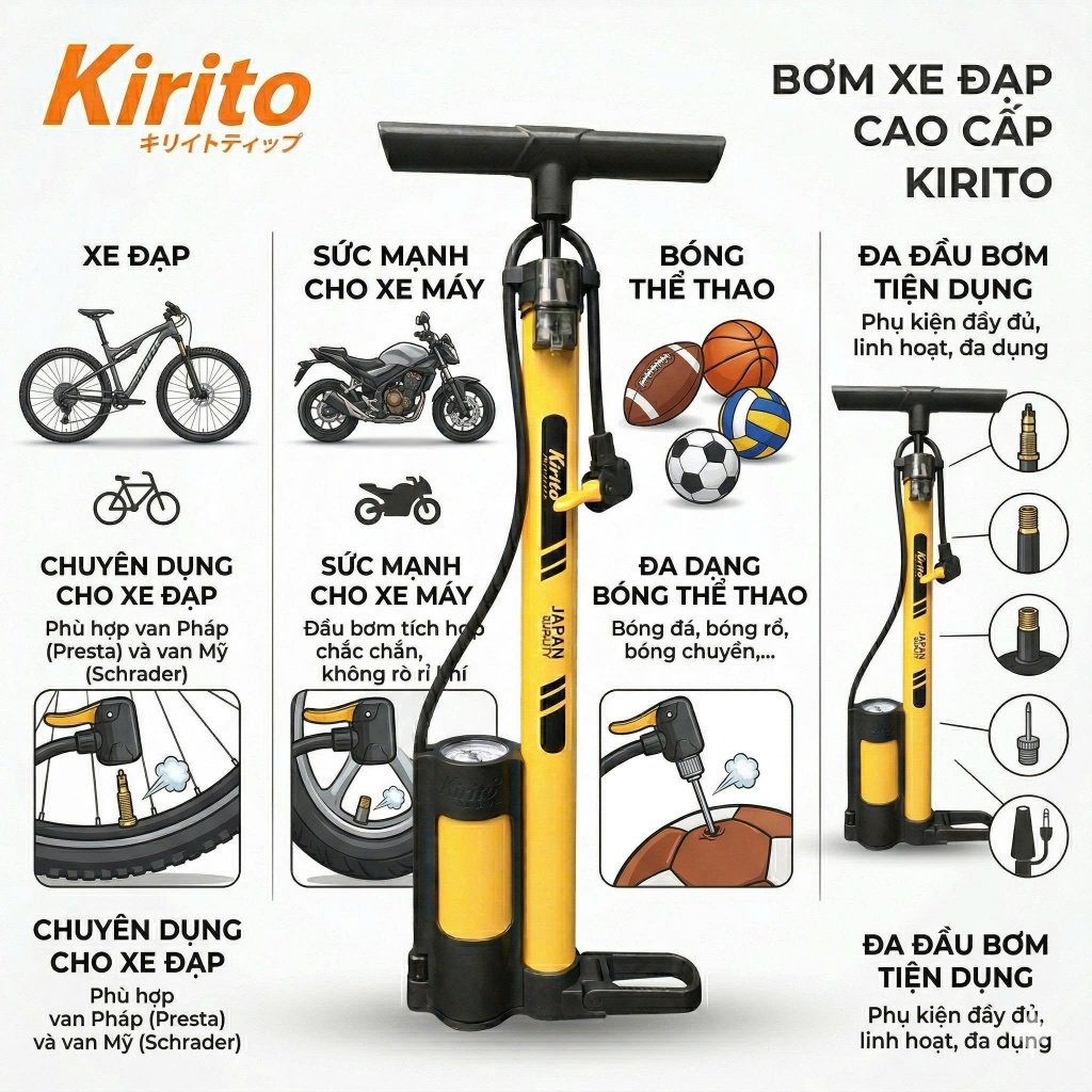 Bơm xe đạp xe máy Kirito có đồng hồ đo áp suất, bơm lốp đa năng kèm nhiều đầu bơm mã 38B-02