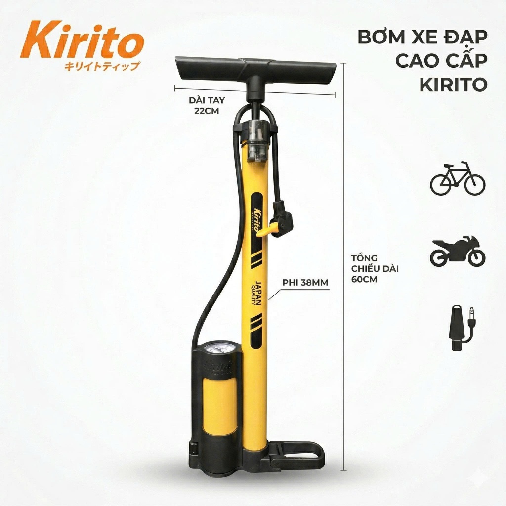 Bơm xe đạp xe máy Kirito có đồng hồ đo áp suất, bơm lốp đa năng kèm nhiều đầu bơm mã 38B-02