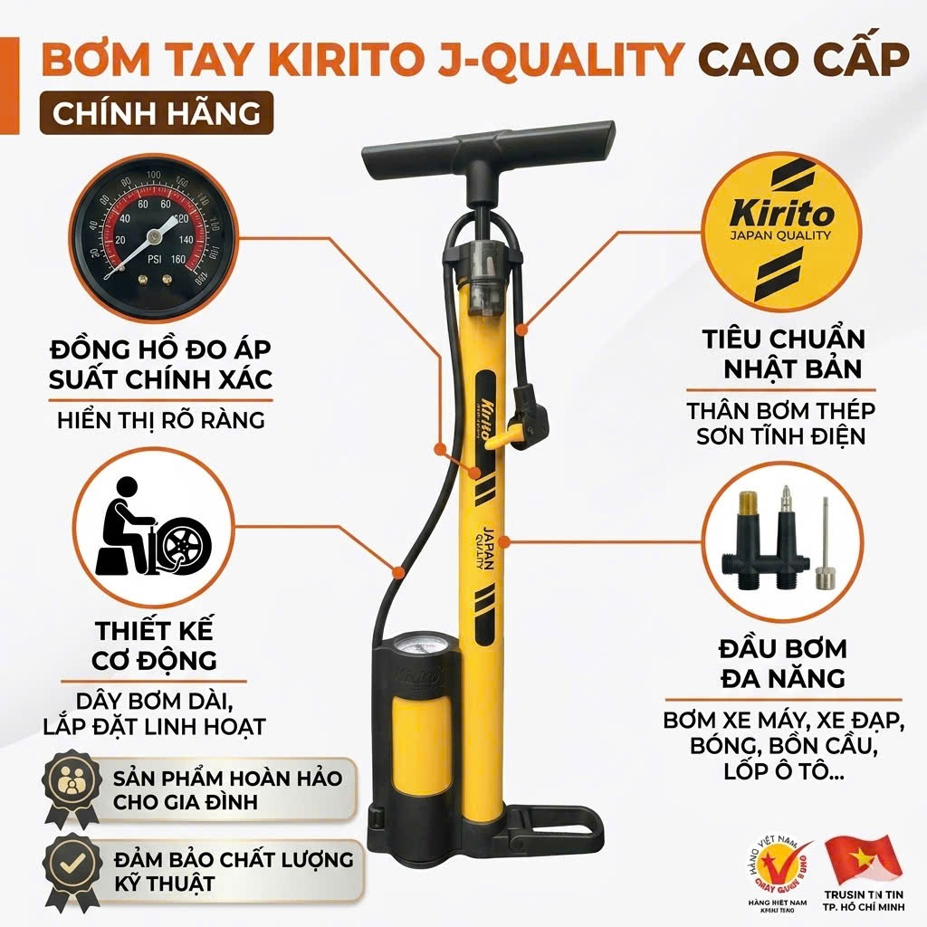 Bơm xe đạp xe máy Kirito có đồng hồ đo áp suất, bơm lốp đa năng kèm nhiều đầu bơm mã 38B-02
