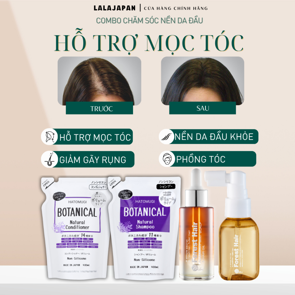 [COMBO 4] Gội xả HATOMUGI BOTANICAL + Xịt Mọc Tóc Forest Hair + Dầu ủ Forest Hair phồng tóc mọc tóc hỗ trợ dưỡng nang