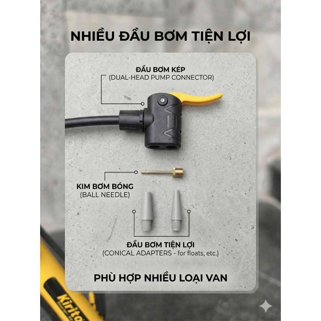 Bơm xe đạp xe máy Kirito có đồng hồ đo áp suất, bơm lốp đa năng kèm nhiều đầu bơm mã 38B-02