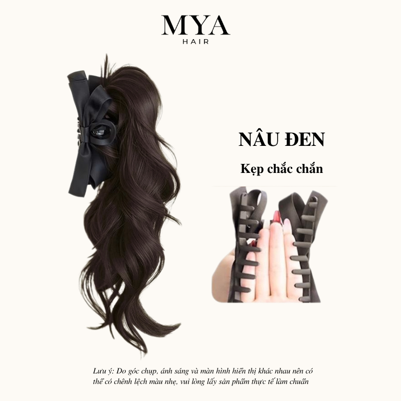 Tóc giả đuôi ngựa kẹp nơ MYA, dài 35cm, tạo phồng đỉnh đầu, dáng xoăn nhẹ tự nhiên, kẹp ngoạm