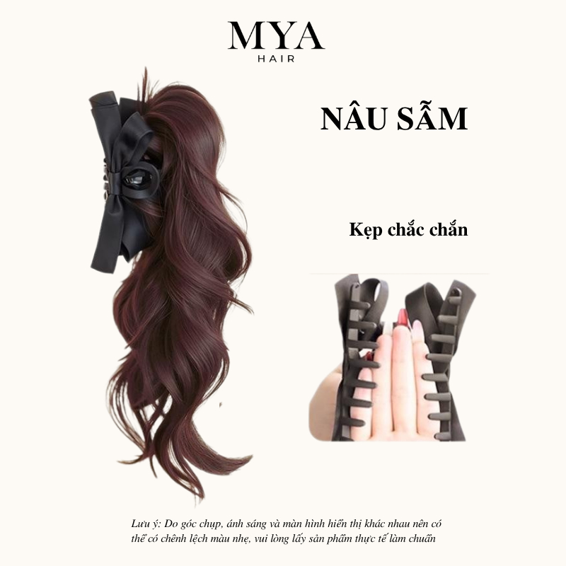 Tóc giả đuôi ngựa kẹp nơ MYA, dài 35cm, tạo phồng đỉnh đầu, dáng xoăn nhẹ tự nhiên, kẹp ngoạm