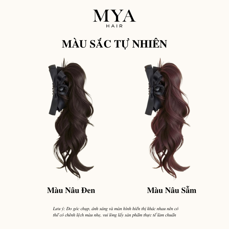 Tóc giả đuôi ngựa kẹp nơ MYA, dài 35cm, tạo phồng đỉnh đầu, dáng xoăn nhẹ tự nhiên, kẹp ngoạm