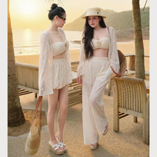 Set đi biển nữ 3 món áo bra khoác ren quần short maxi phong cách resort chụp ảnh xinh MIA S169