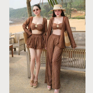 Set đi biển nữ 3 món áo bra khoác ren quần short maxi phong cách resort chụp ảnh xinh MIA S169
