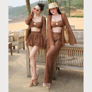 Set đi biển nữ 3 món áo bra khoác ren quần short maxi phong cách resort chụp ảnh xinh MIA S169